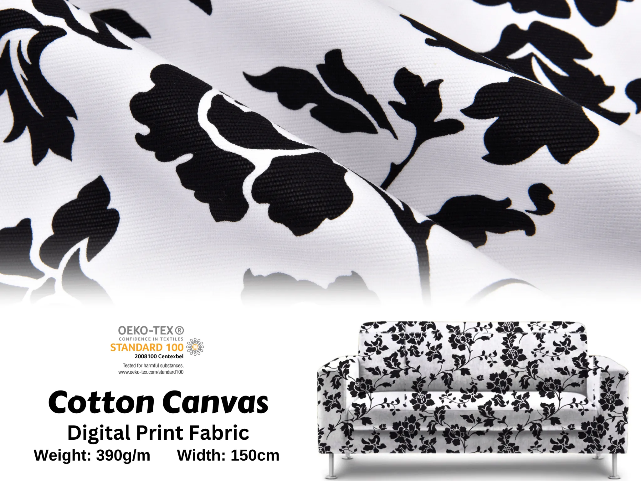 100% Cotton Half Panama Printed Fabric / Canvas printed Fabric / Black & White Blossom  Digital Print  Fabric