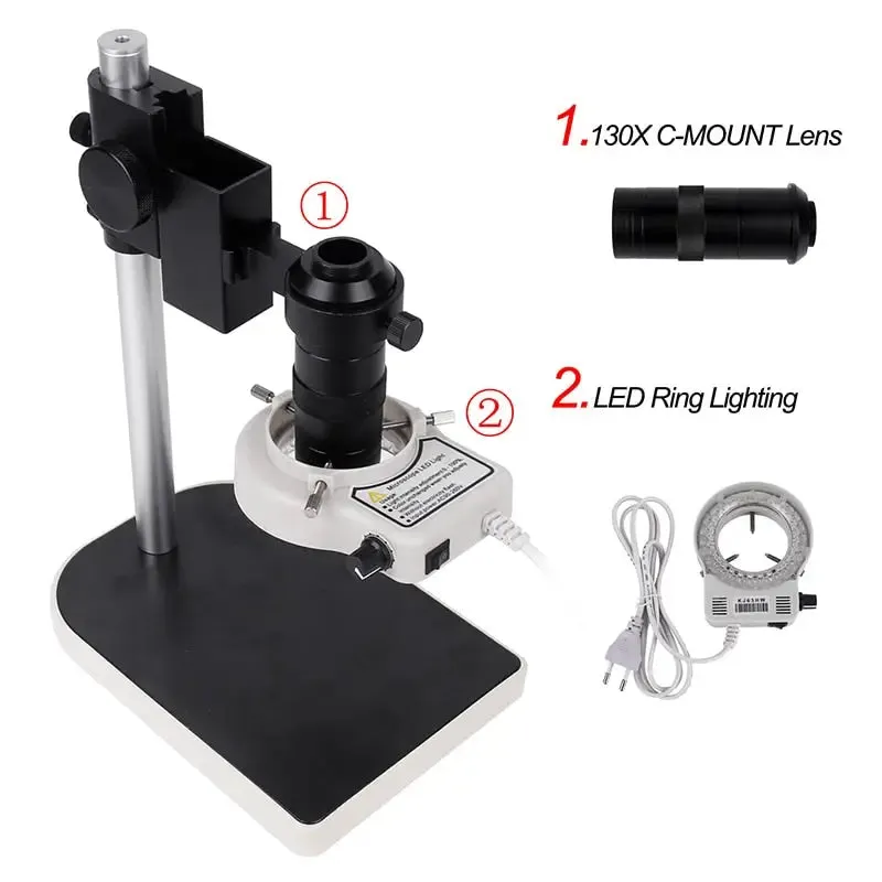 13MP HDMI VGA Industrial Microscope Camera C Mount Lens Ring Light Lamp