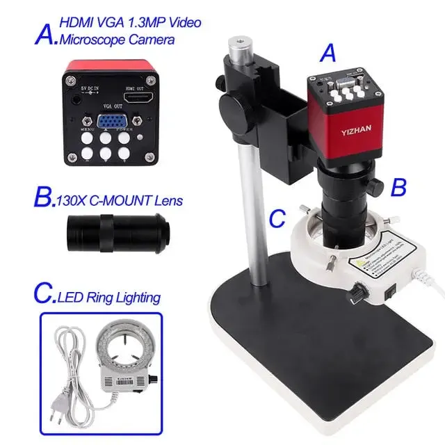 13MP HDMI VGA Industrial Microscope Camera C Mount Lens Ring Light Lamp