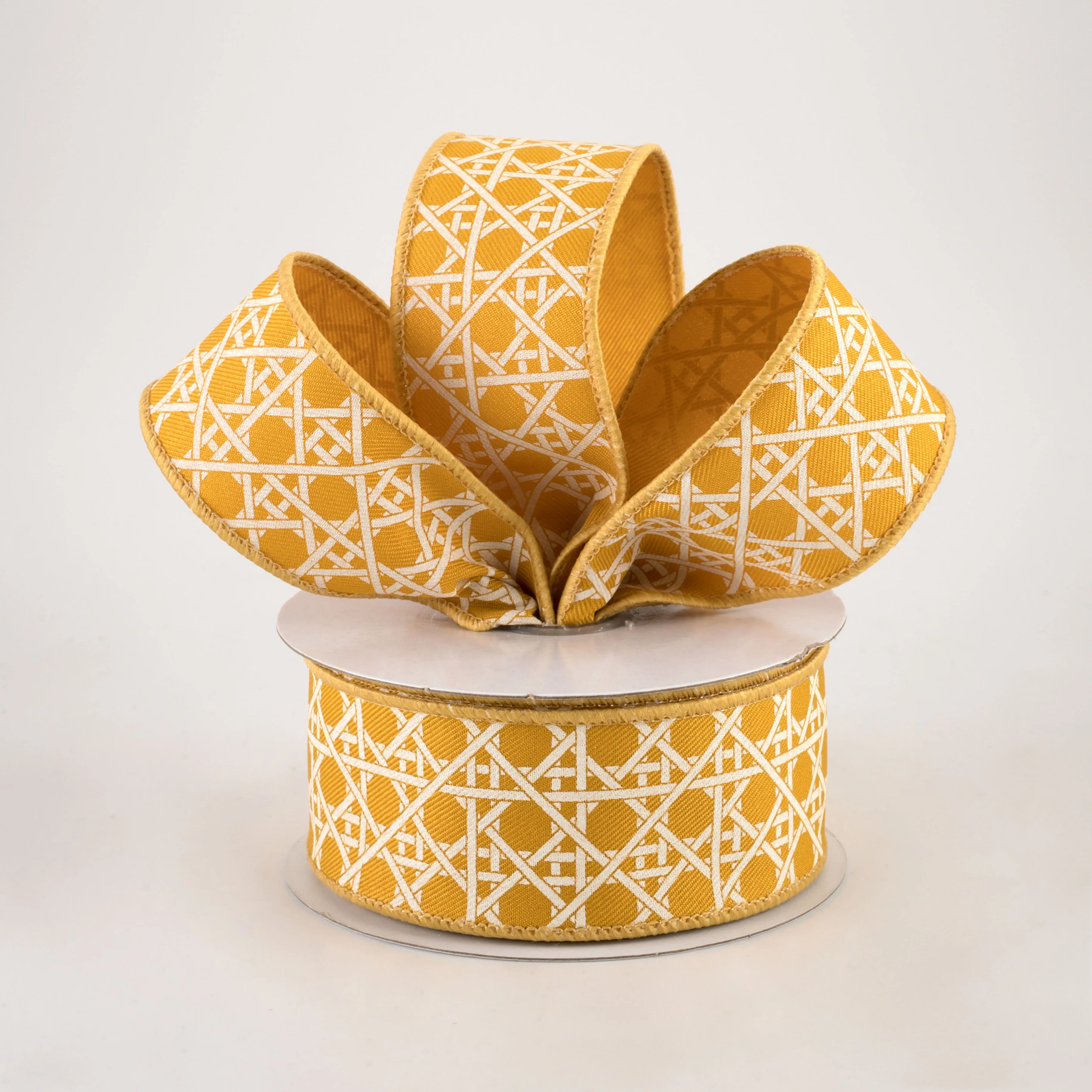 1.5" Basket Weave Ribbon: Dark Yellow & Ivory (10 Yards)