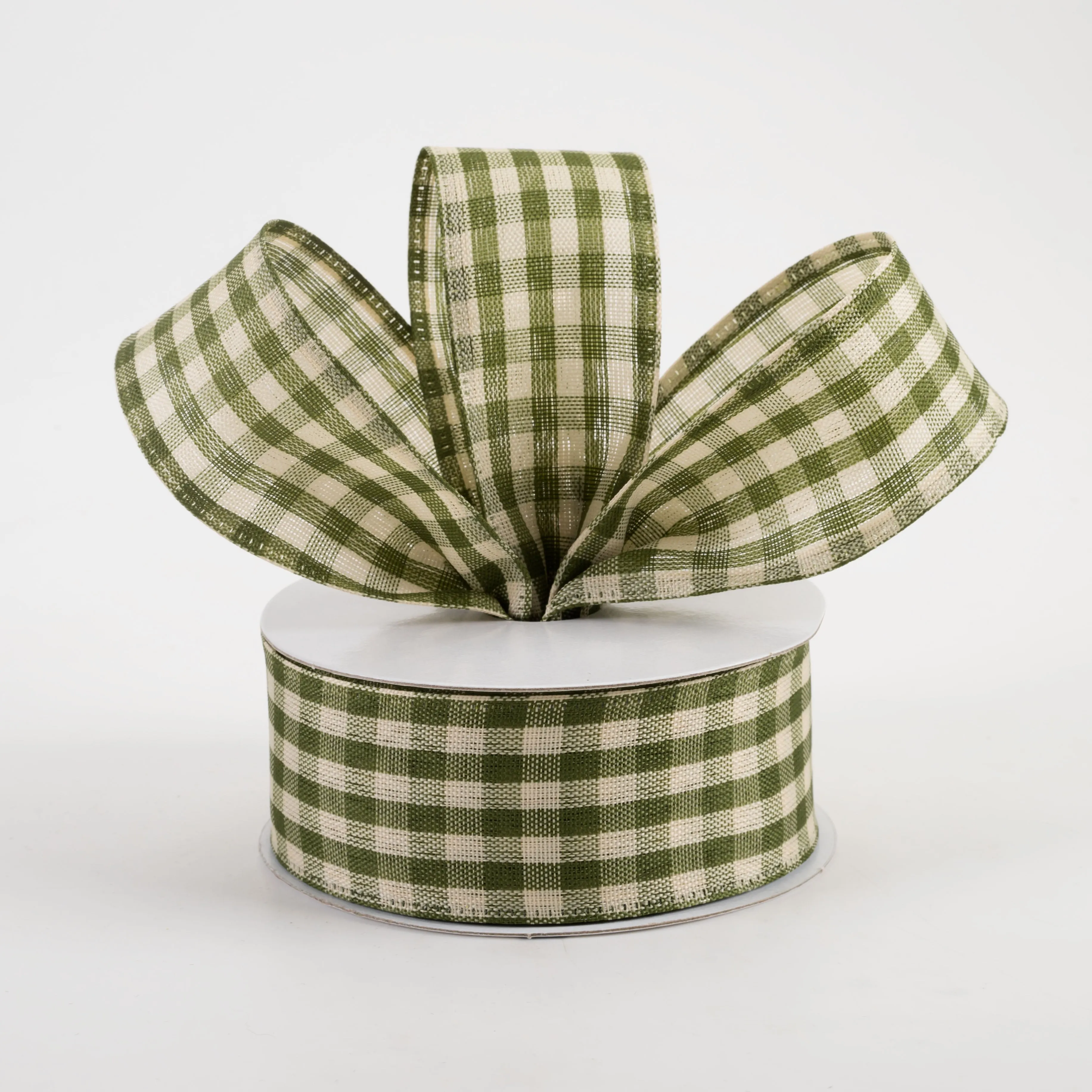 1.5" Biggy Gingham Ribbon: Moss Green & Ivory (10 Yards)