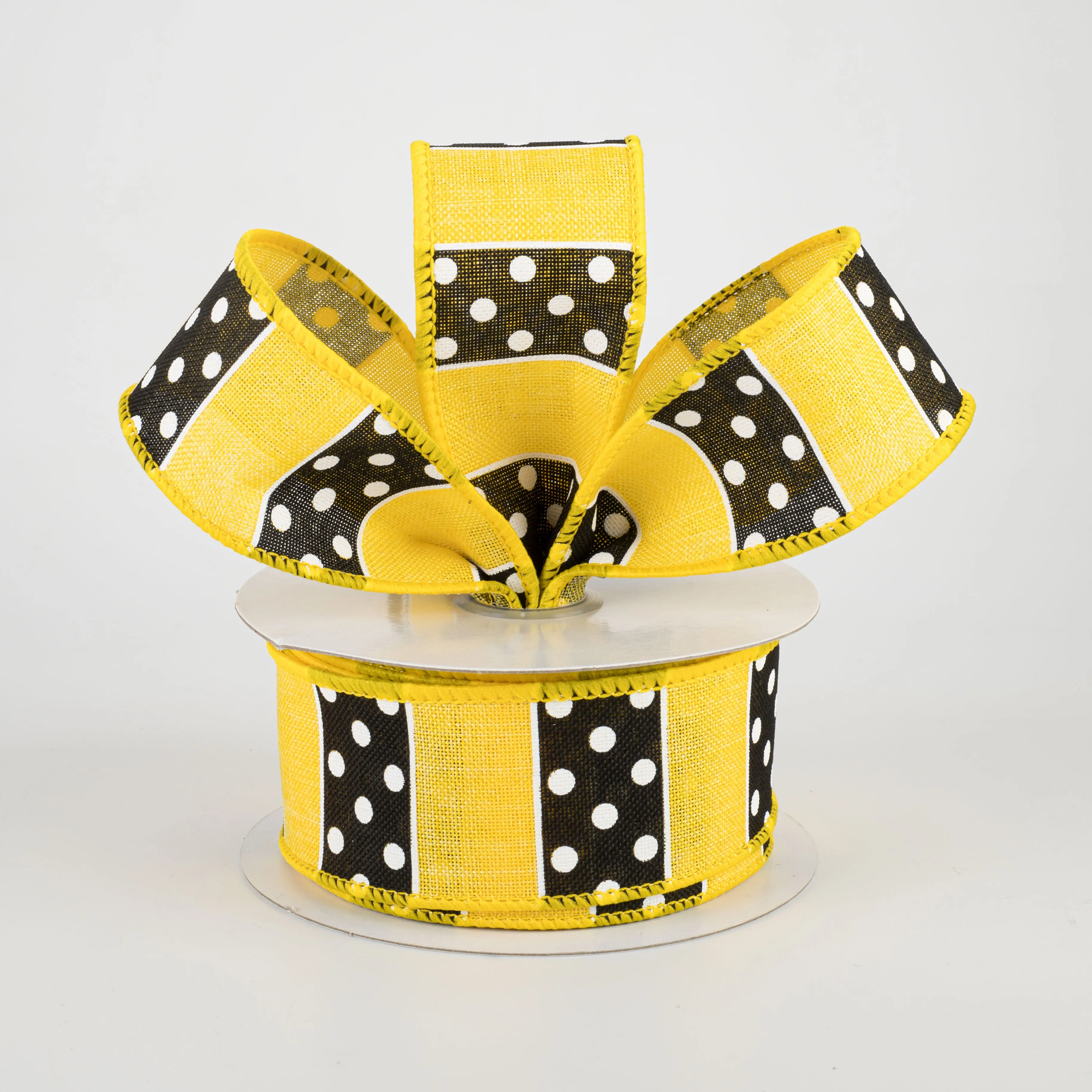 1.5" BW Polka Dot Stripes Ribbon: Sun Yellow (10 Yards)