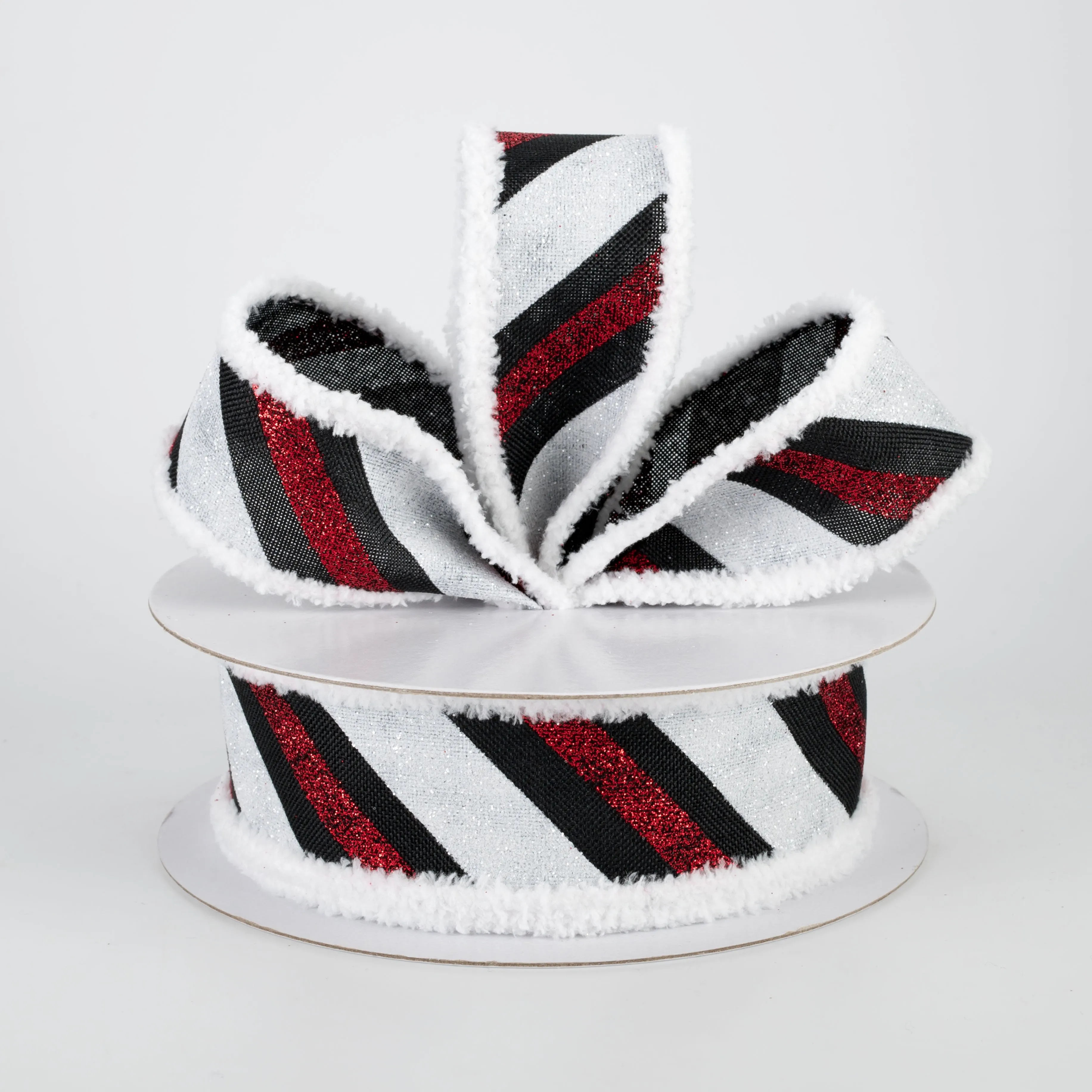 1.5" Chenille Edge Diagonal Glitter Stripe Ribbon: Black, Red, White (10 Yards)