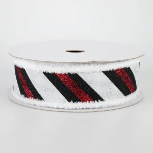 1.5" Chenille Edge Diagonal Glitter Stripe Ribbon: Black, Red, White (10 Yards)