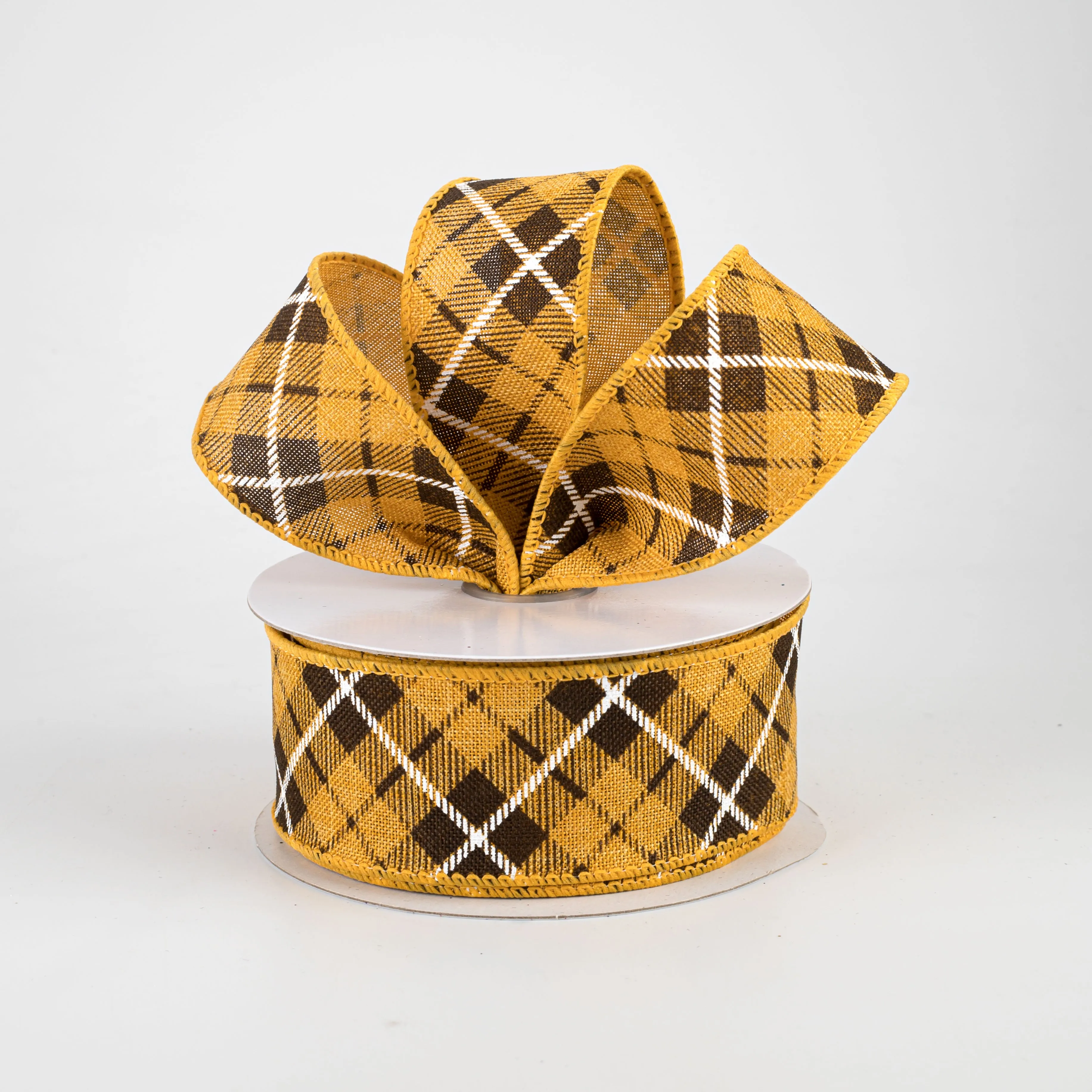 1.5" Fall Argyle Plaid Ribbon: Yellow & Brown (10 Yards)