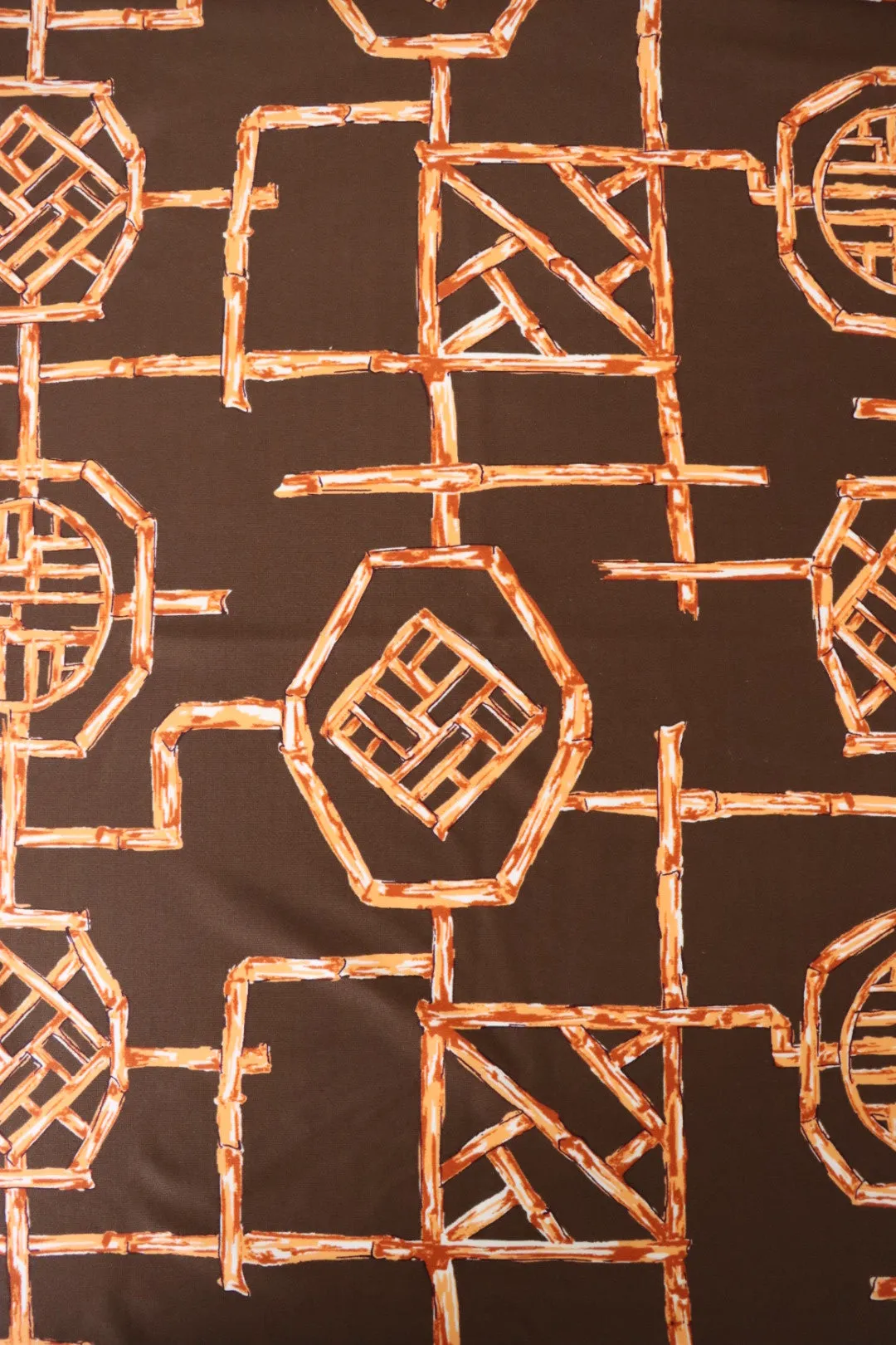 1YD PRECUT; Rust Bamboo Lattice on Chocolate Nylon Spandex Tricot | Designer Deadstock