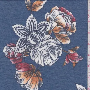 2 1/8 YD PC-Ink/Brick Stylized Floral Double Brushed French Terry Knit Fabric