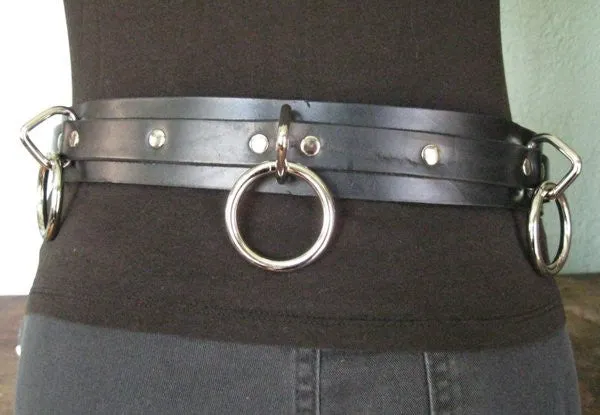 5 Ring Black Leather Bondage Belt