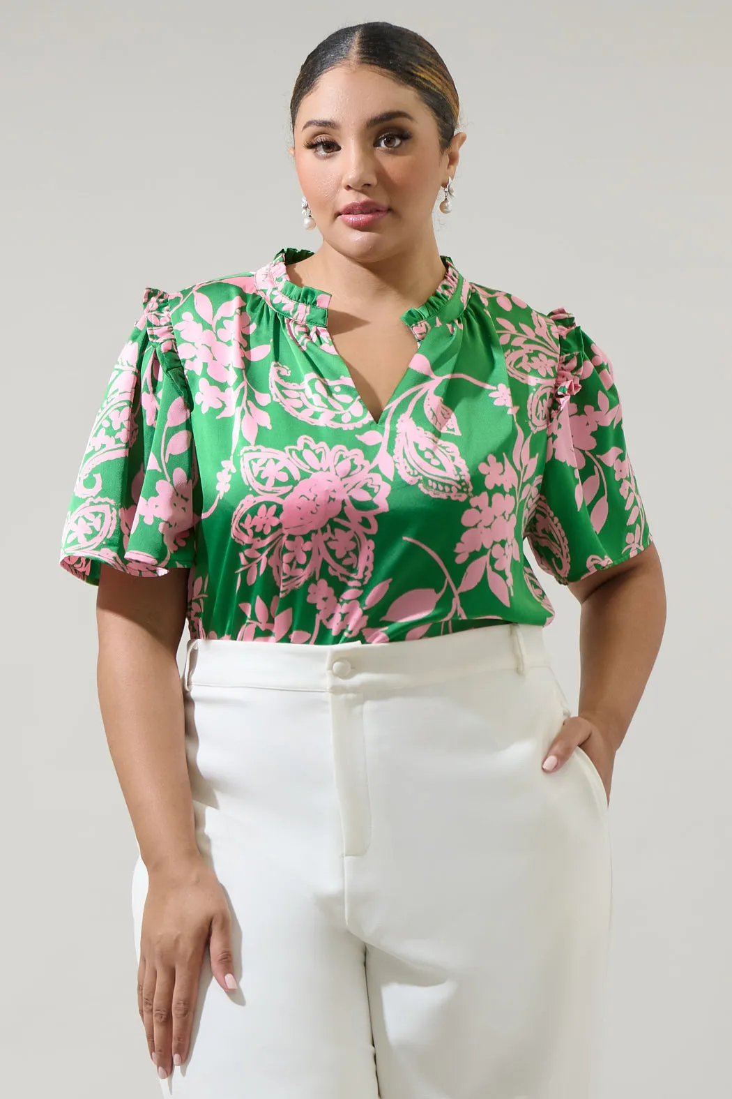 Anela Floral Mei Split Neck Satin Top Curve