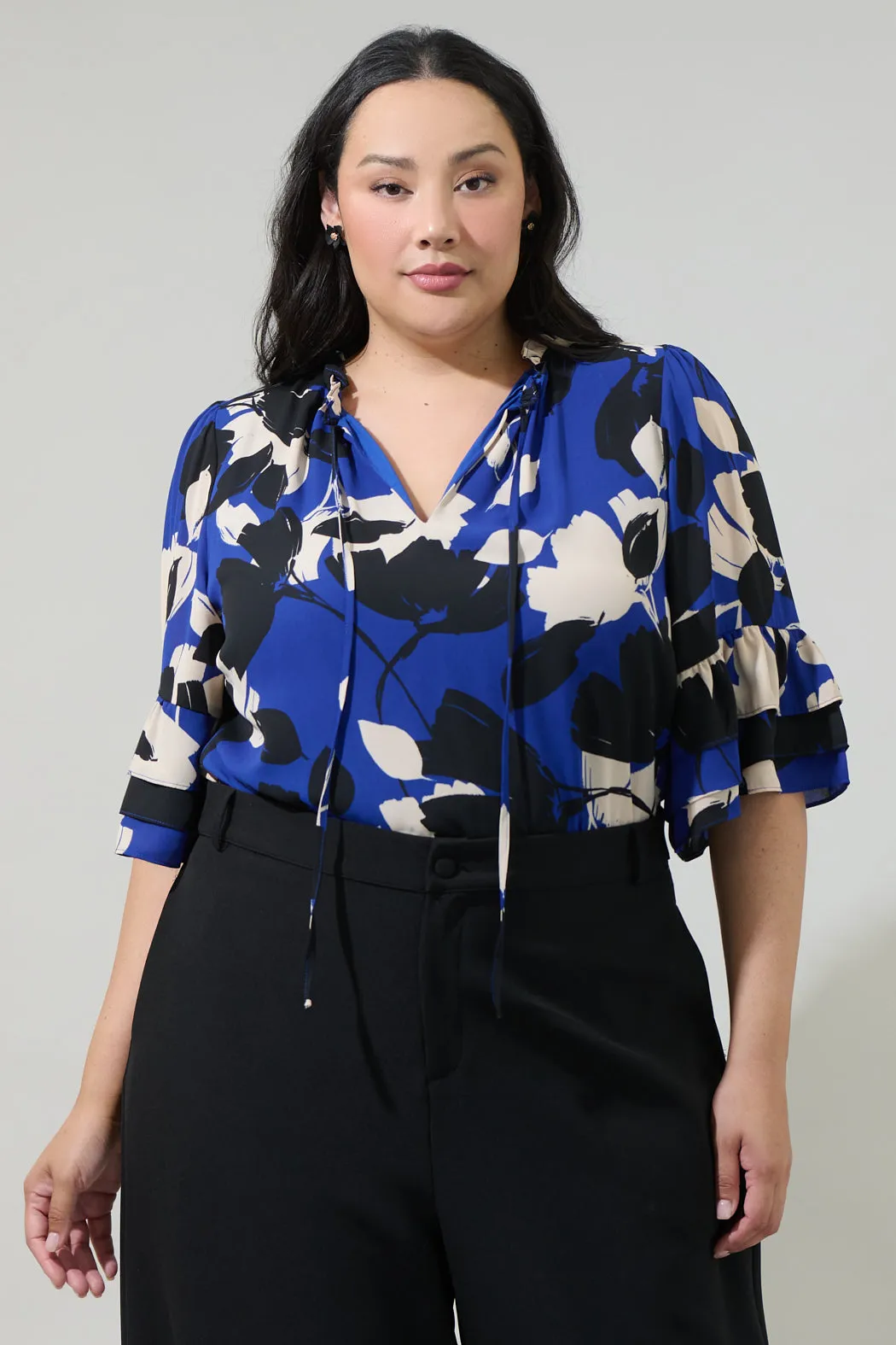 Anthem Floral Break Room Split Neck Ruffle Blouse Curve