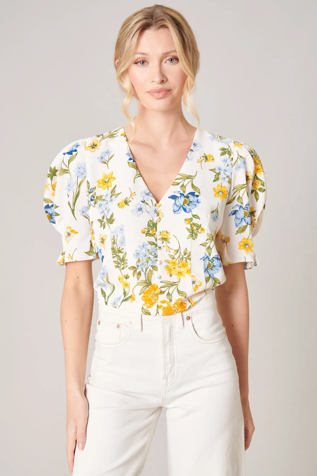 April Floral Print Puff Sleeve Crop Top