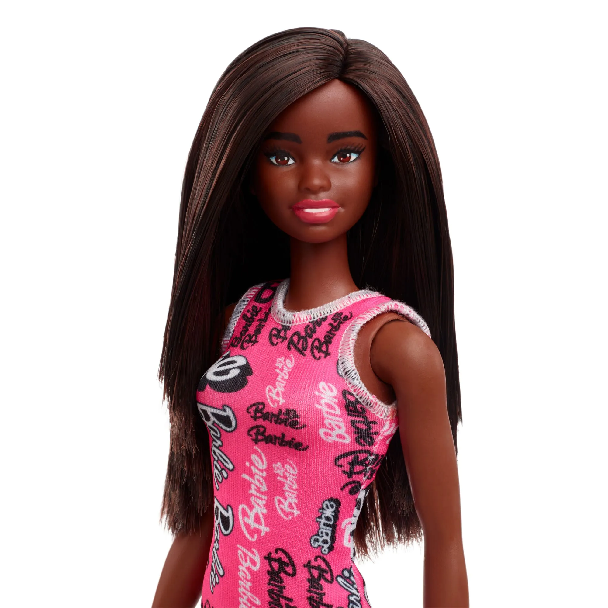 Barbie Fashion Doll With Straight Black Hair Wearing Removable Pink Dress With Logo Print & Shoes