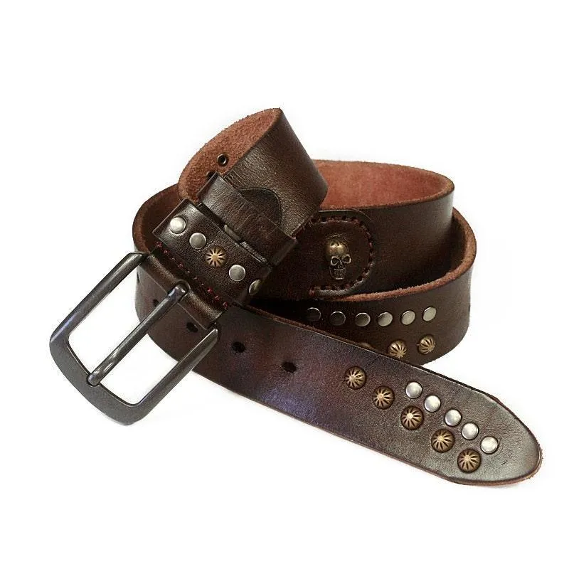 Biker Brown Handmade Leather Belt , Design Embossed with Motorcycle Gear Rivets and Vintage Finish, Perfect Gift For Him, Full Grain Leather