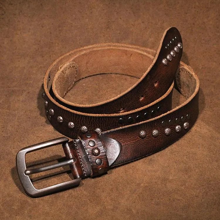 Biker Brown Handmade Leather Belt , Design Embossed with Motorcycle Gear Rivets and Vintage Finish, Perfect Gift For Him, Full Grain Leather