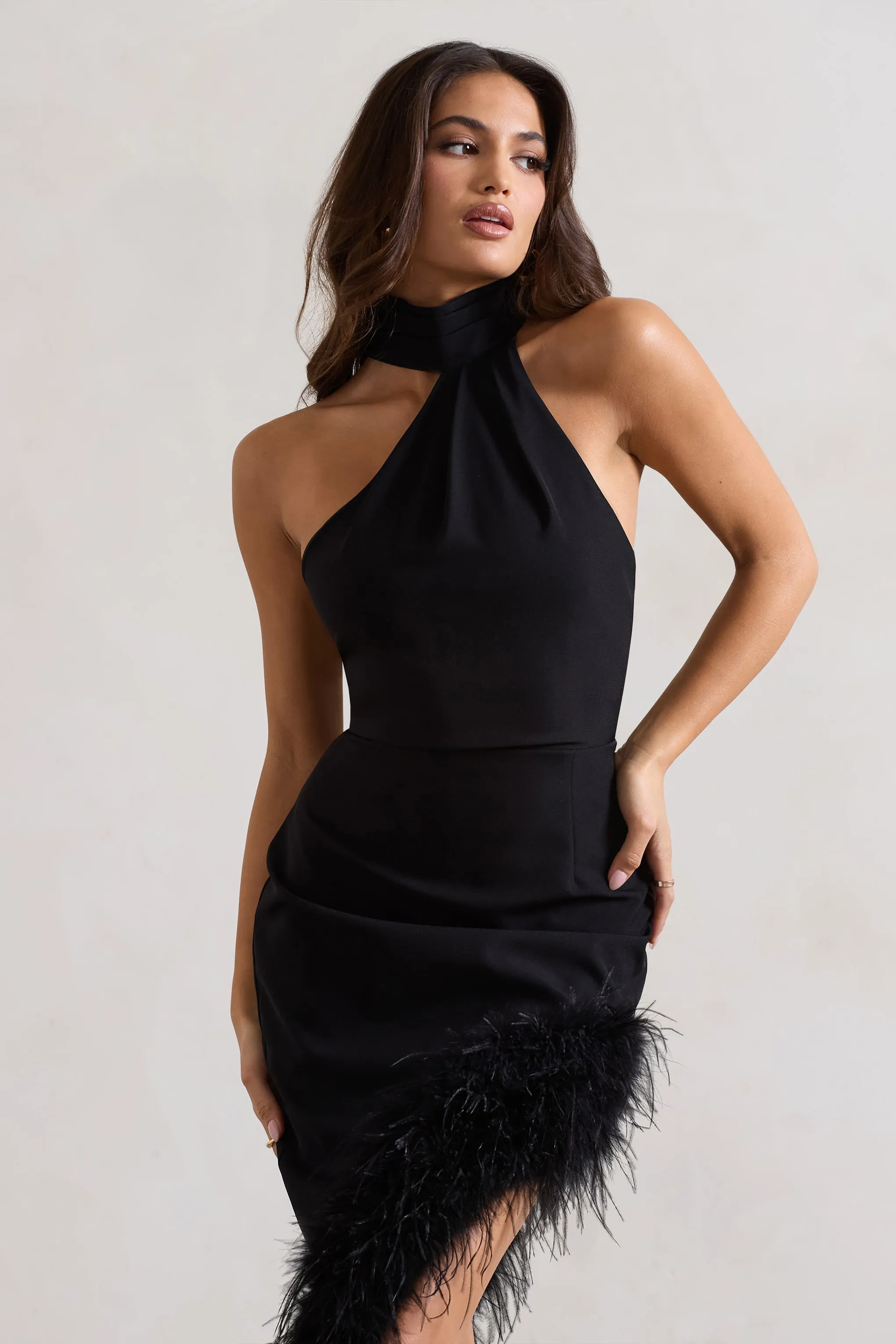 Brilliance | Black Asymmetric Maxi Dress With Feather Trim