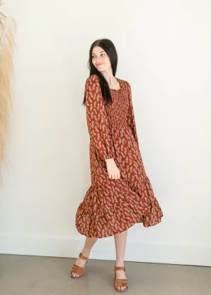 Brown Leaf Smocked Midi Dress - FINAL SALE