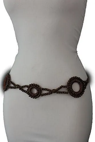 Dark Brown Hip High Waist Wood Beads Circles Tie Belt Plus M L XL