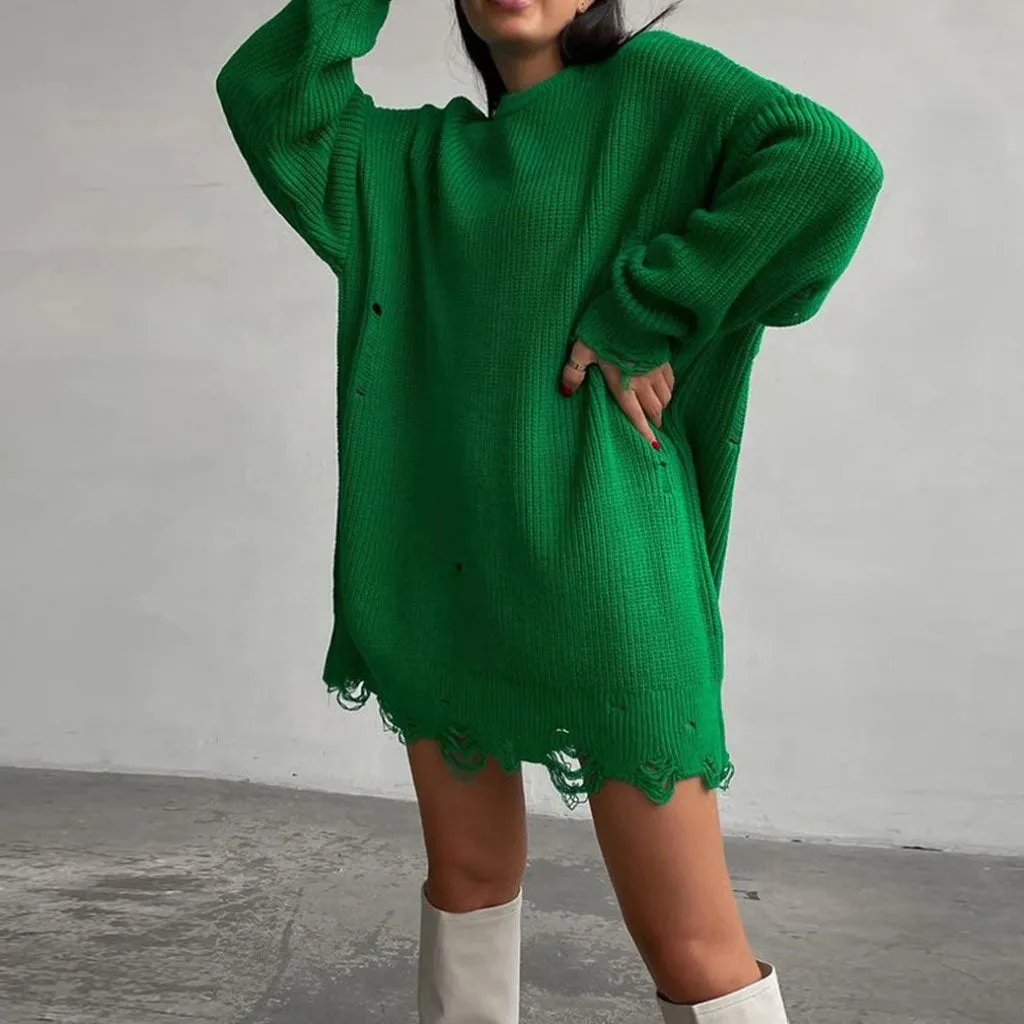 Distressed Trim Pullover Sweater Mini Dress - Emerald Green