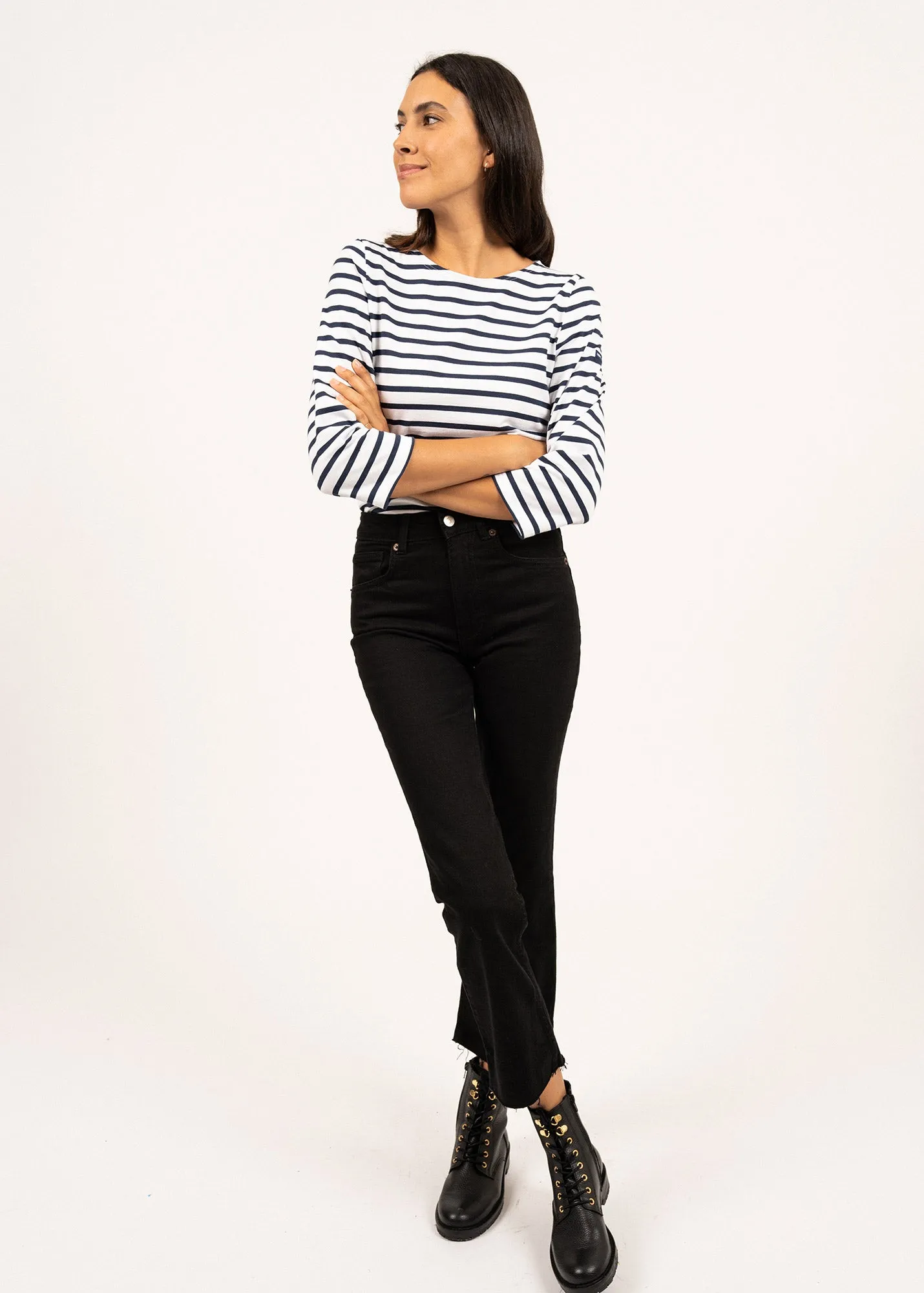 GALATHEE II - Breton Striped Top with ¾ Sleeve | Soft Cotton | Women Fit (WHITE / NAVY)