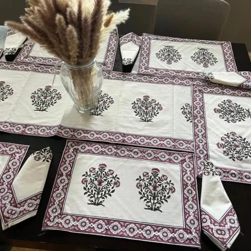 Indian Block Print Table Runner, Indian Floral Hand Block Printed Cotton Napkins, Table Mats, White and Red, Gift for Home