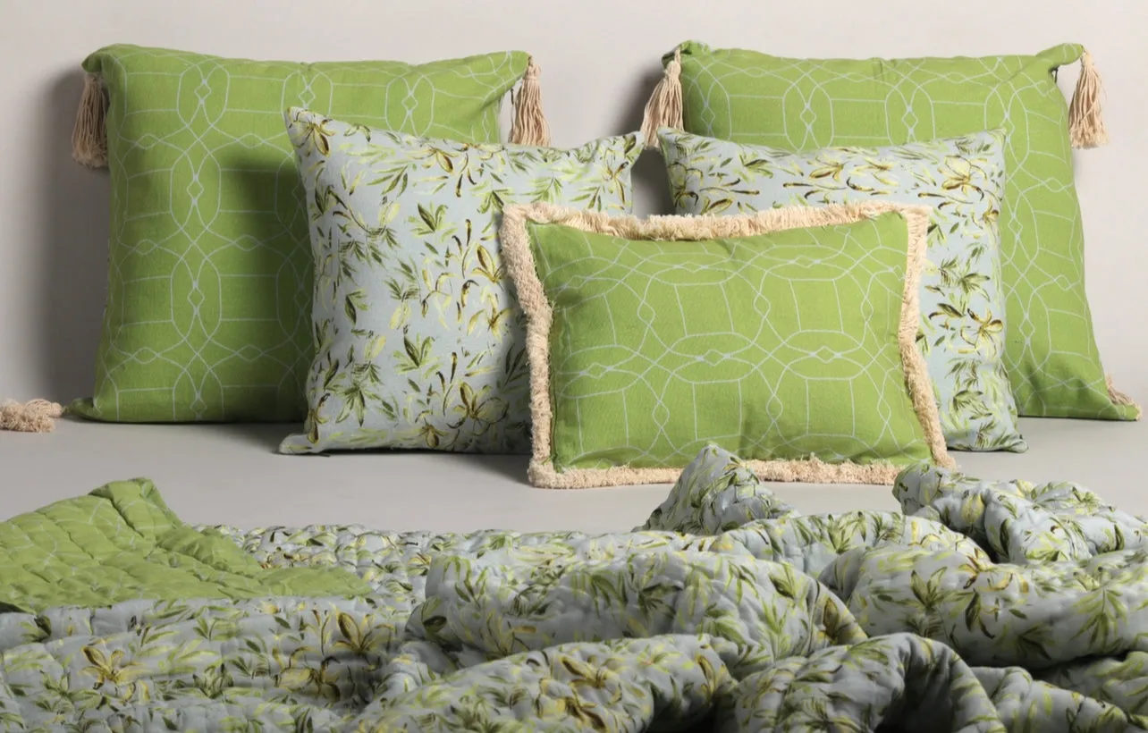 Into the greens floral and geometrical reversible Printed 5 pc curated cushion set