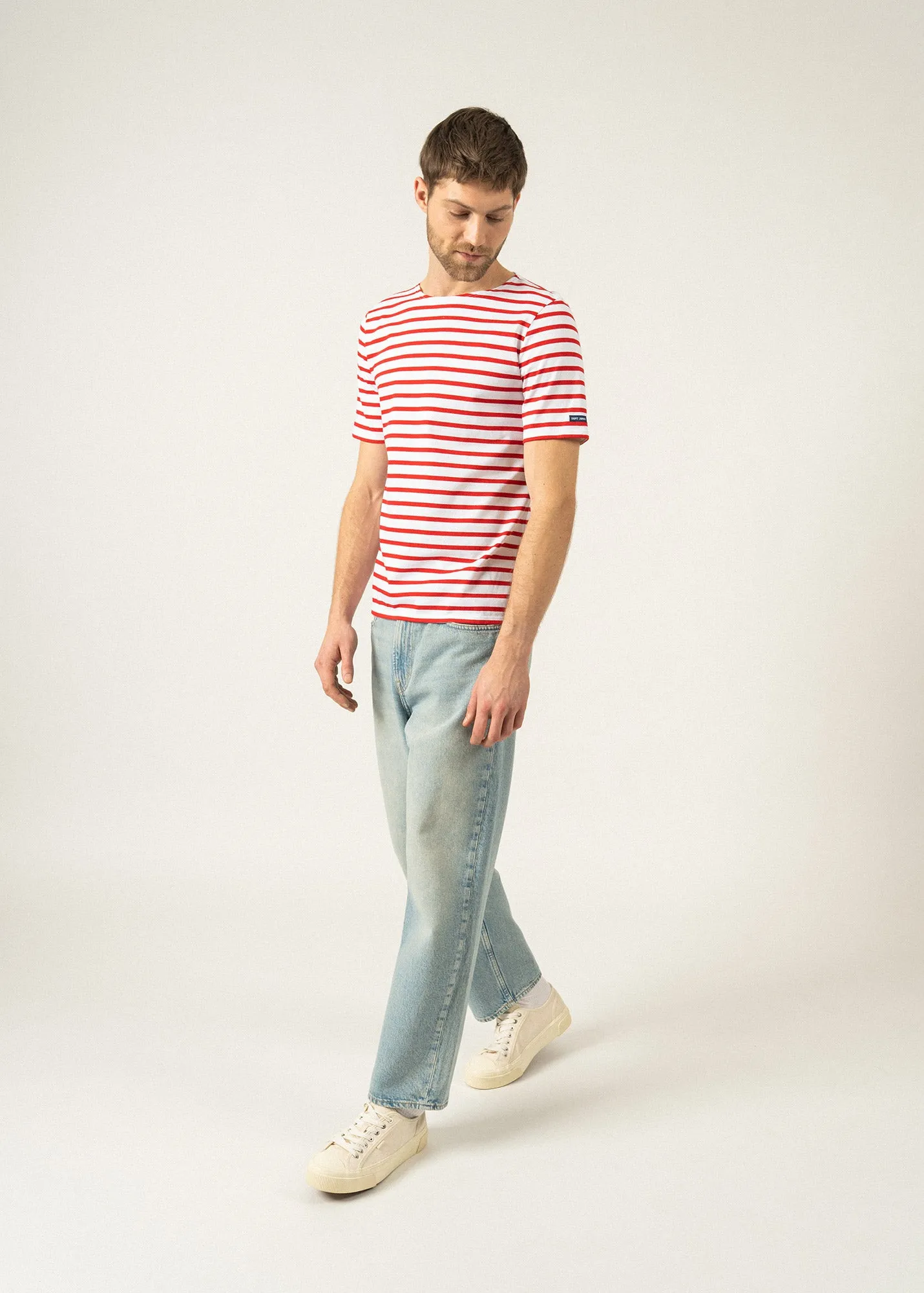 LEVANT MODERN - Breton Stripe Short Sleeve Shirt | Soft Cotton | Unisex Fit (WHITE / RED)