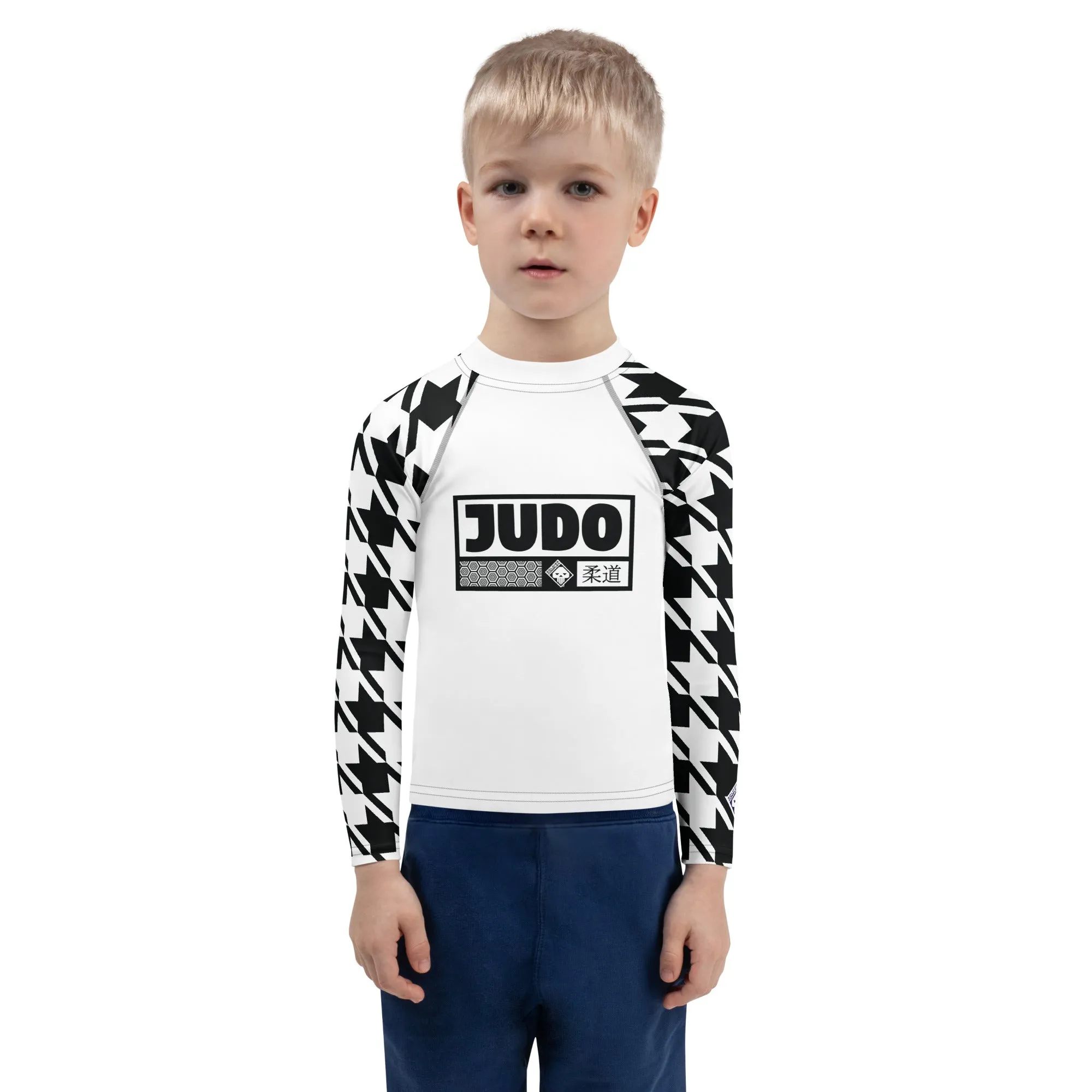 Master Your Moves: Houndstooth Long Sleeve BJJ Rash Guard for Boys