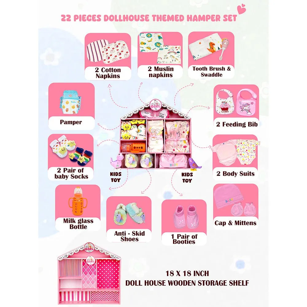 Newborn Baby Girl Wooden Dollhouse Gift Hamper (0-12 months)