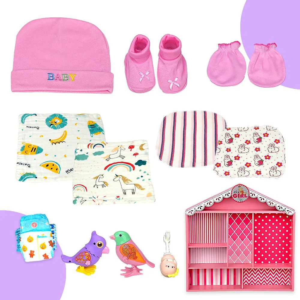 Newborn Baby Girl Wooden Dollhouse Gift Hamper (0-12 months)