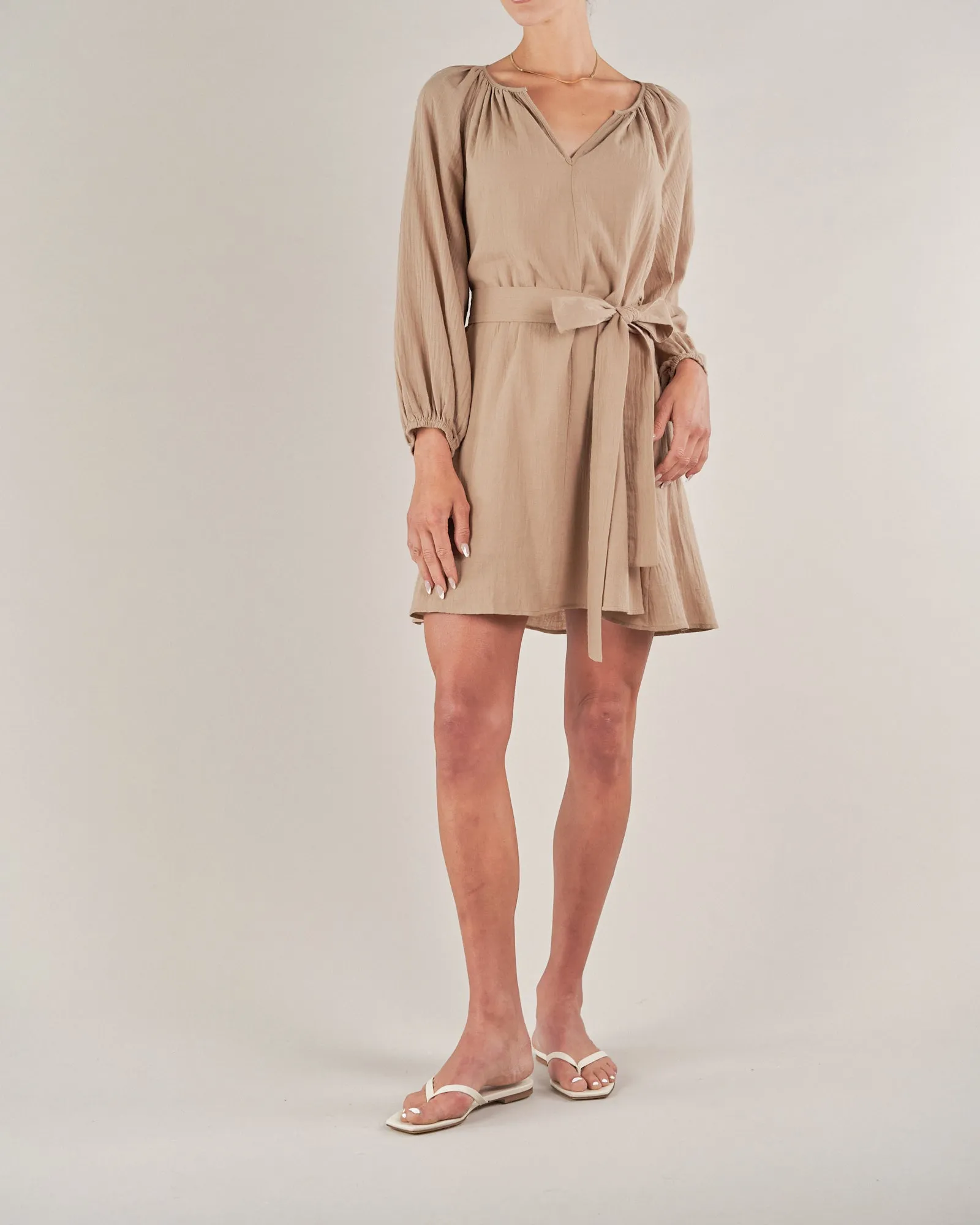 Panama Linen Cotton Gauze Mini Dress - Taupe