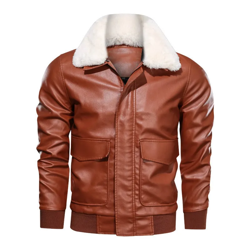 Thin Men's Lapel Large Pocket Leather Jacket  Motorcycle Leather Jacket