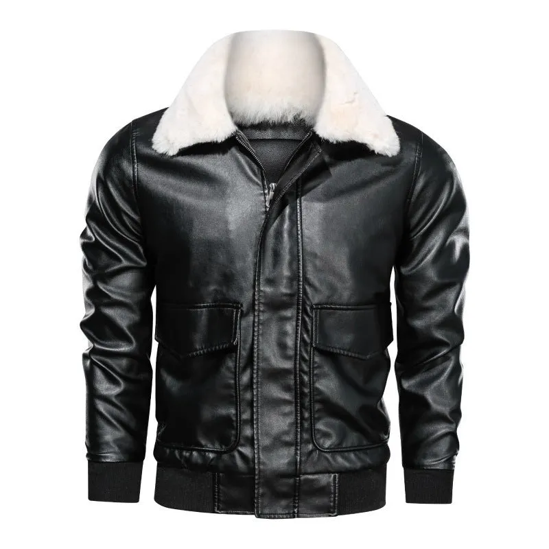 Thin Men's Lapel Large Pocket Leather Jacket  Motorcycle Leather Jacket