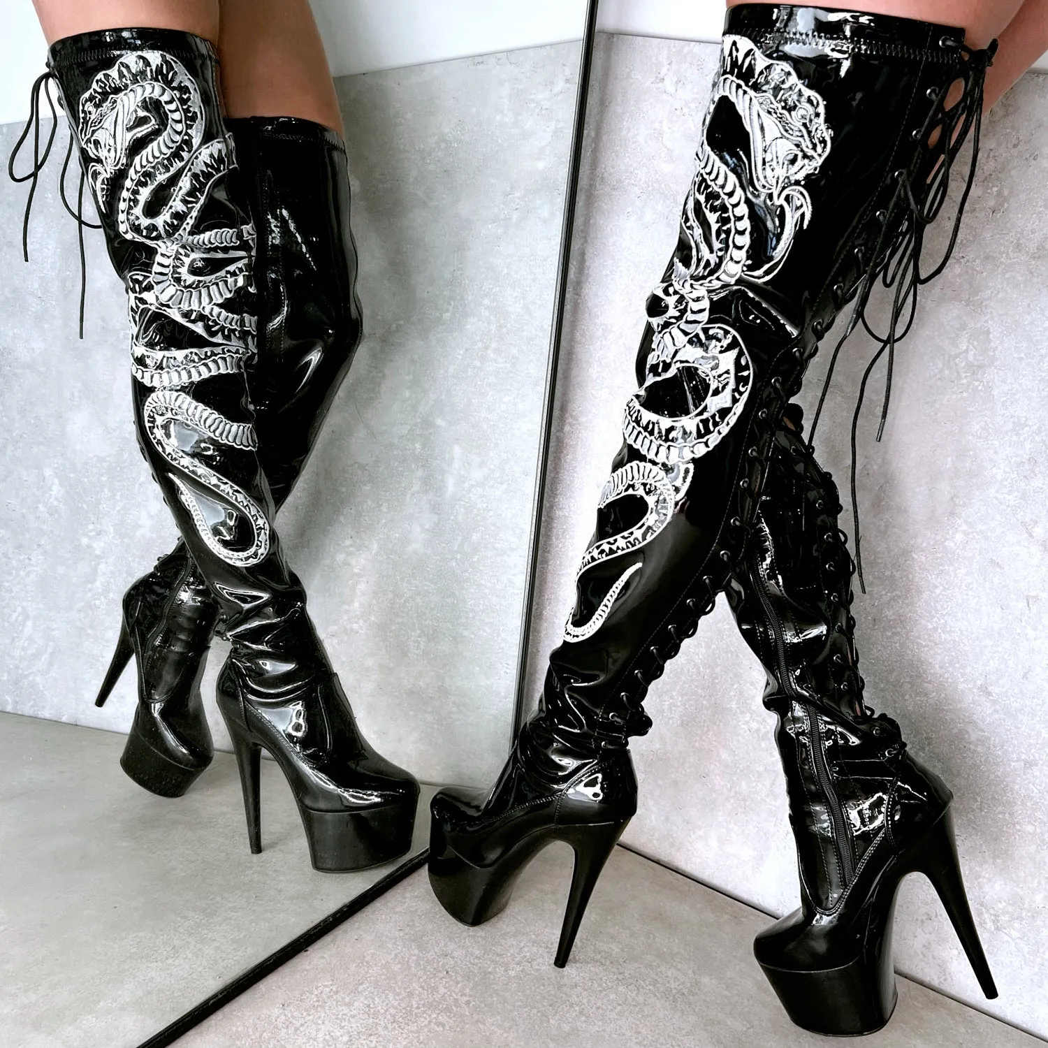 VIPER Boot Black with White Thigh High - 7INCH