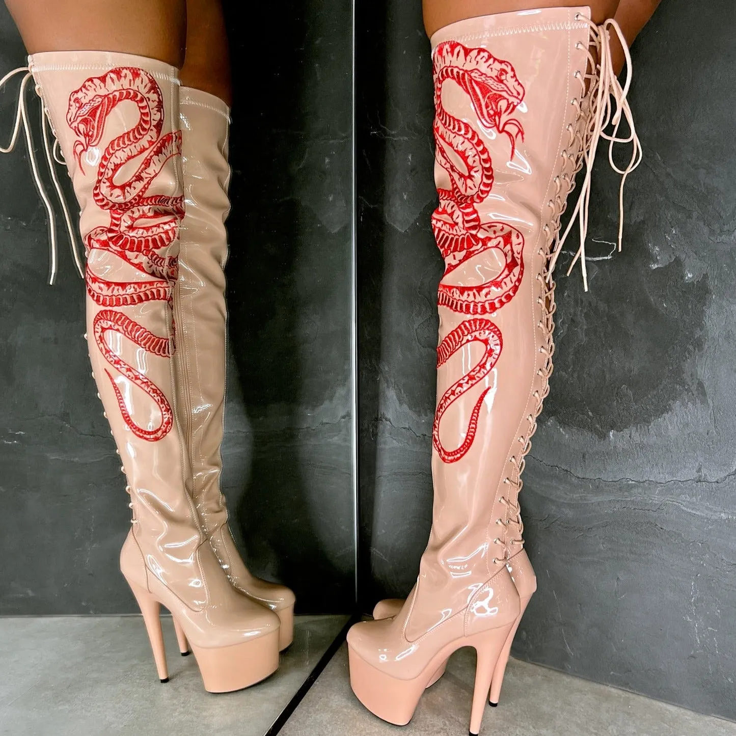 VIPER Boot Tan with Red Thigh High - 7INCH