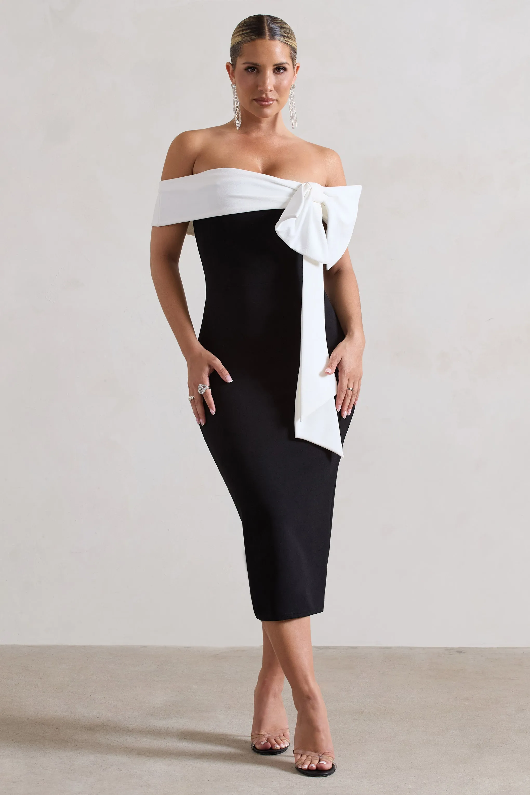 You Wish | Black Bodycon Bandeau Midi Dress With Oversized White Bow