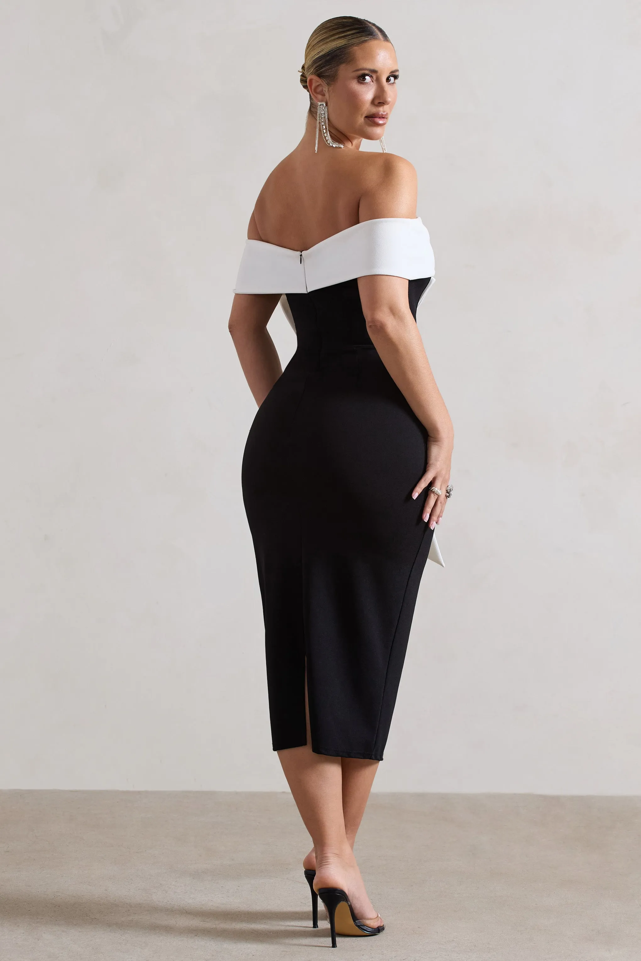 You Wish | Black Bodycon Bandeau Midi Dress With Oversized White Bow