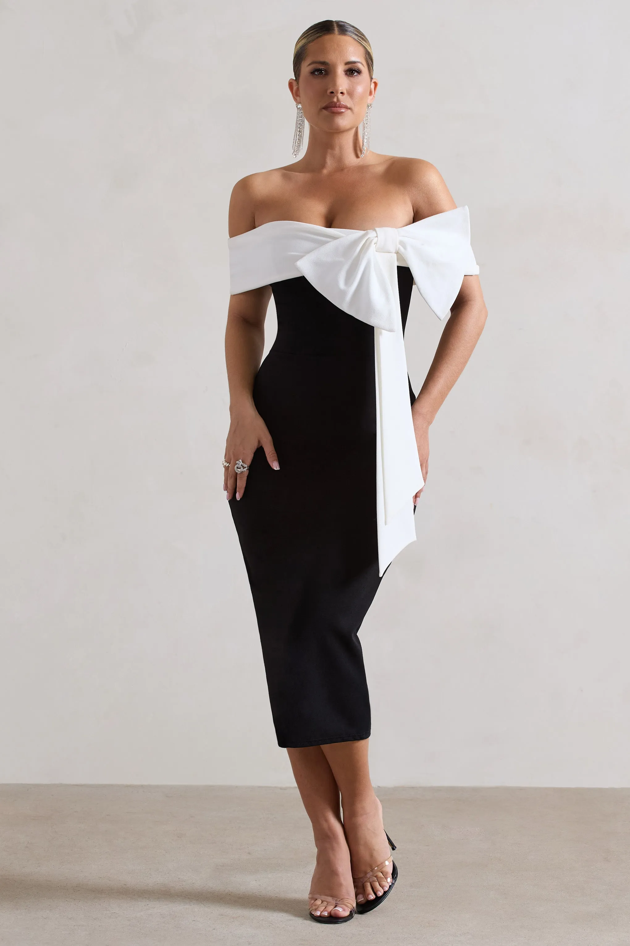 You Wish | Black Bodycon Bandeau Midi Dress With Oversized White Bow